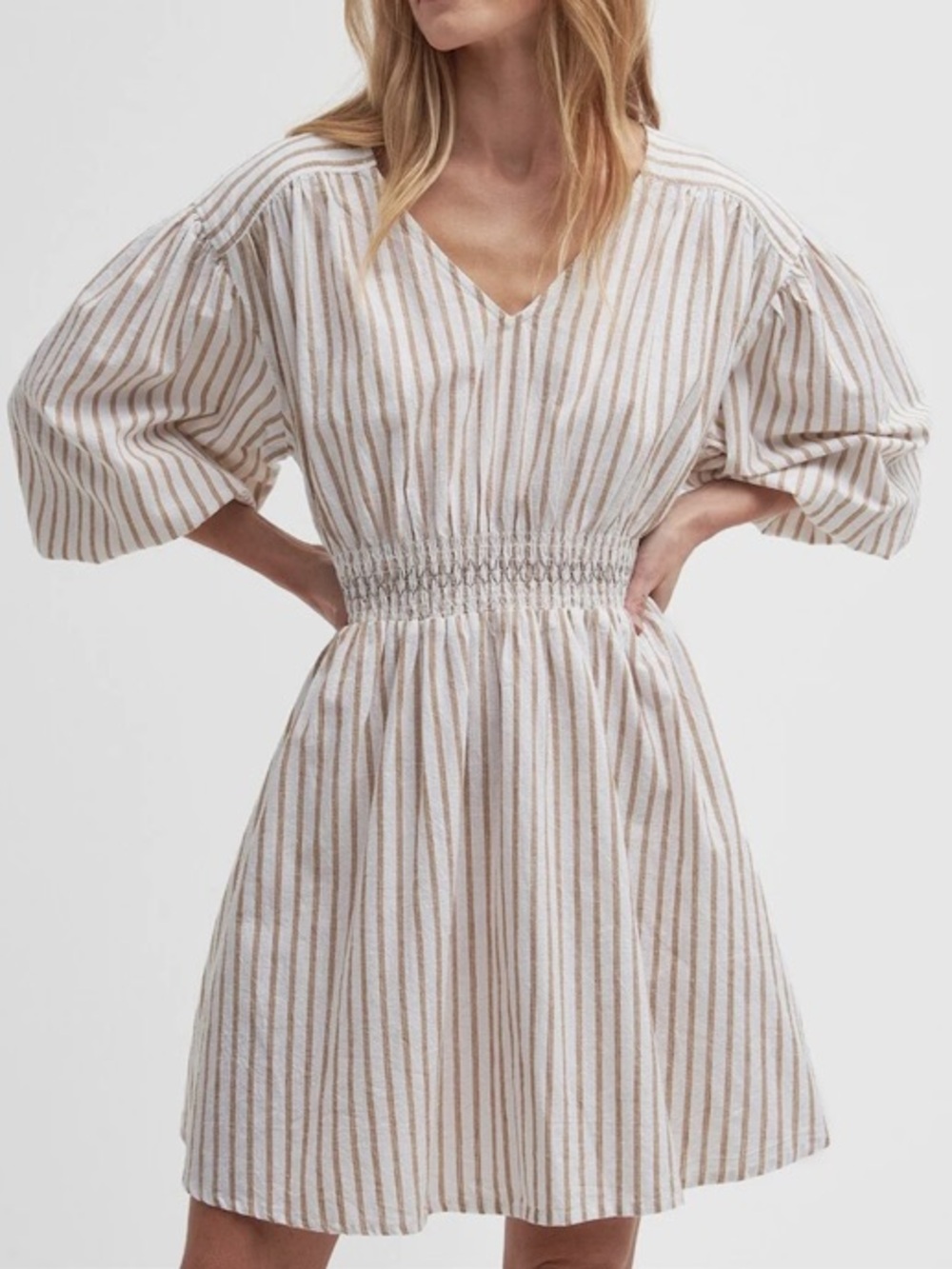 Barbour New Ella Cotton Blend Striped Mini Dress Puff Sleeve Women’s 14 NWT